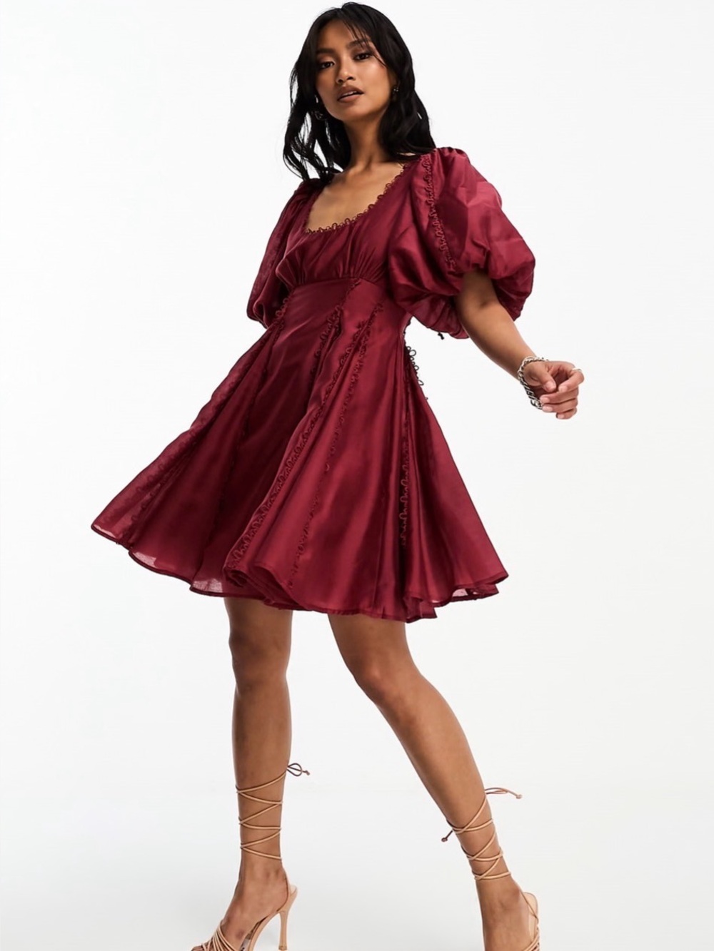 ASOS DESIGN square neck lace insert mini dress with puff sleeves in red US 12